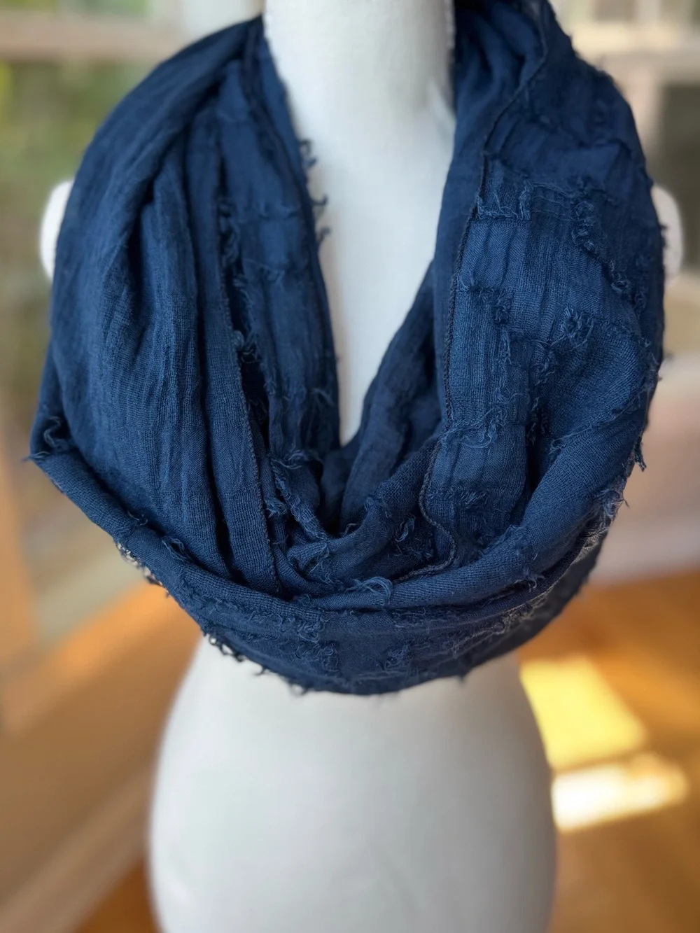 Vintage Navy Blue Woven Frayed Detail Infinity Scarf